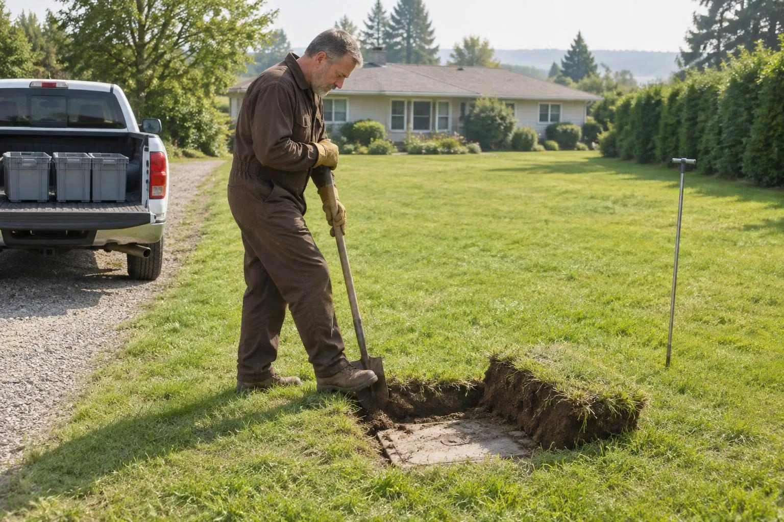 Lone septic inspector digging up a buried tank lid in a sunny June backyard, his white pickup parked on the driveway behind him