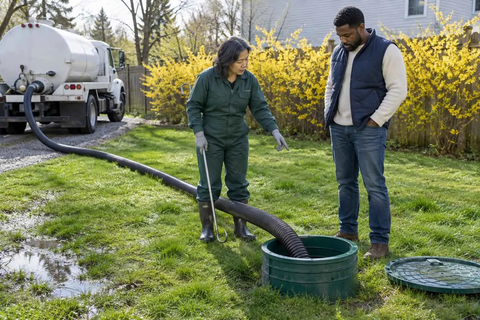 An inspector and a home buyer stand beside an open septic riser as a vacuum truck hose pumps out the tank on a spring lawn.