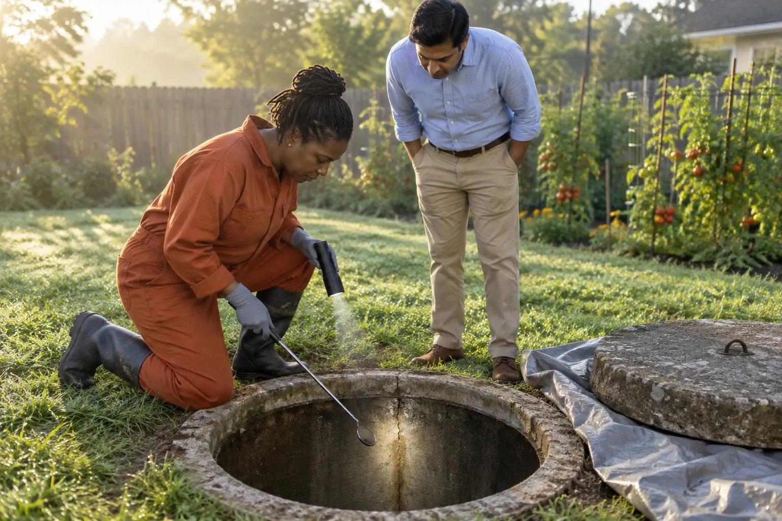 An inspector kneels at an open concrete septic tank, angling a mirror and flashlight at a hairline crack as a home buyer looks on.