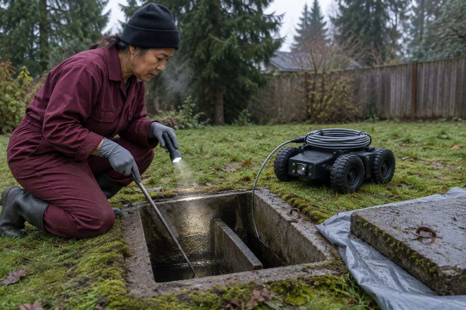 Inspector kneeling at an open distribution box with a probe rod and flashlight, a clean crawler robot idle on the lawn beside her